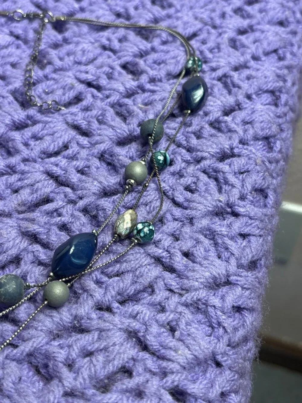 3 Strand Blue Plastic Beaded Gunmetal Chain Necklace 18 - 21 inches